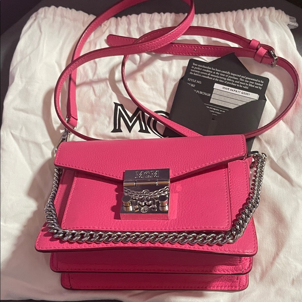 MCM Calfskin Patricia Crossbody Bag Silver Chain Sugar Pink! Limited Edition! - Picture 2 of 15
